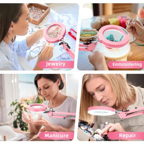 10X Magnifying Glass with Light and Stand,Hands-Free Desk Magnifier - color: Pink Magnifying Glasses With Light