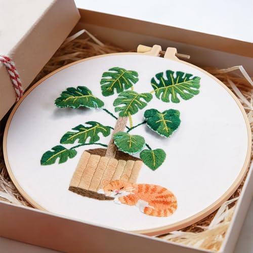 Monstera Embroidery Kits for Beginners Adults, Cat Hand Embroidery Kits, Potted Plant Cross Stitch Kits for Beginners DIY Craft Kits for Adult Women, Entire Set of Embroidery Supplies & Video Tutorial - color: H1068, size: 8Inch
