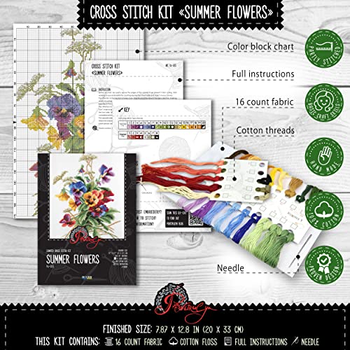 Povitrulya Summer Flowers - Embroidery Set - DIY Counted Cross Stitch Kit with Paper Pattern, 14 Count Aida Canvas and Pre-Sorted Floss - color: Summer Flowers