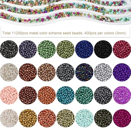 11200pcs Glass Seed Beads for DIY Crafting Bracelet Necklace Embroidery Jewelry Making Supplies (3mm, 400pcs/Color, 28 Colors, Metallic Scheme) - color: Metallic