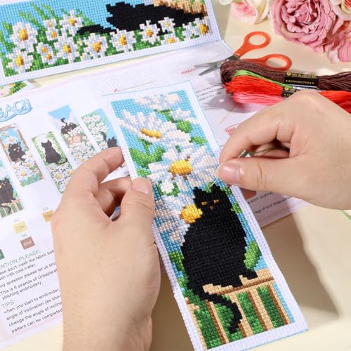 ORIGACH 6 Set Cat & Daisy Cross Stitch Bookmark Kit for Beginner - style: Cat and Daisy