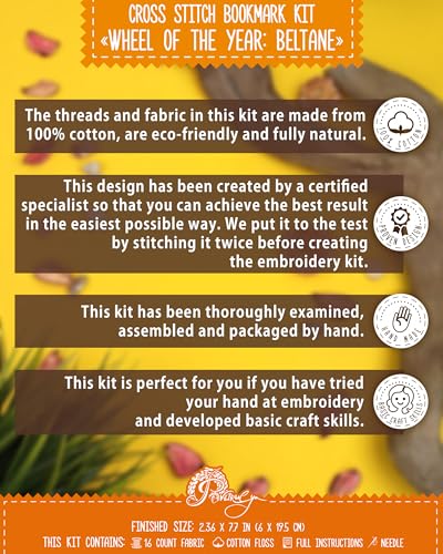 Povitrulya Cross Stitch Bookmark Kit Wheel of the Year: Beltane – Counted DIY Embroidery Set for Adults & Beginners, Pagan May Day Fire Festival Wiccan Floral Gift - color: Beltane