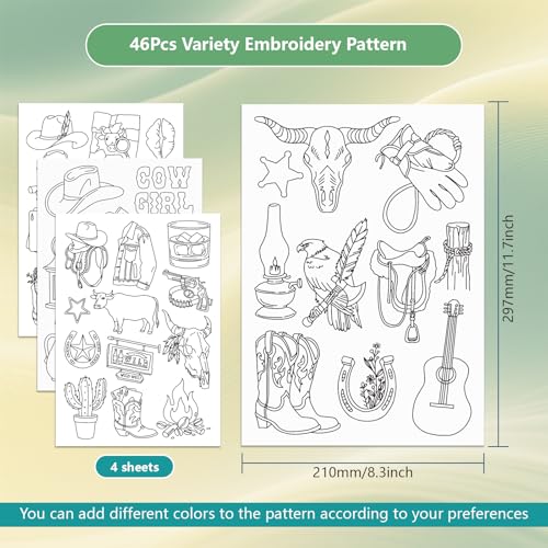 ORIGACH 4 Sheets Water Soluble Embroidery Patterns Stabilizers - Pre-Printed Western Cowboy Cowgirl Designs - Stick & Stitch Embroidery Paper for Hand Sewing Lovers - color: Western Cowboy Cowgirl