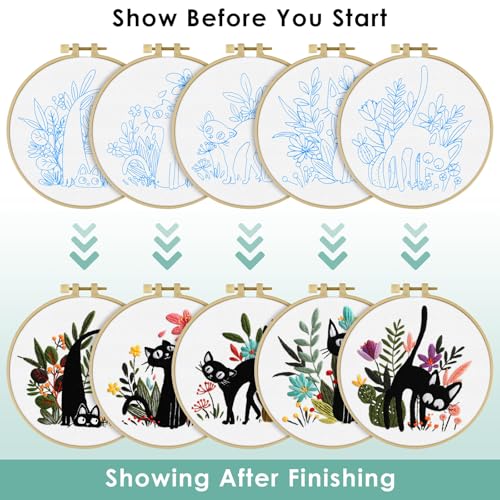 ERKOON 5 Sets Embroidery Kit for Beginners Adult Cat Cross Stitch - color: Black Cat