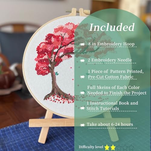 FONNUY Crewel Embroidery Kit for Beginners, Seasonal Tree Pre-Stamped Pattern Kits for Adults with Hoop, Easy to Follow Color Thread Needlework, 8'' (Pink) - color: Pink