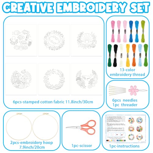 ACRNIGHEET 6PCS Embroidery Kit for Adults Beginners, Needlepoint Kits for Adults, Embroidery Starter Kit, Stamped Cross Stitch Kits for Crafts Lovers Gift Idea, Include Instructions(Ocean)