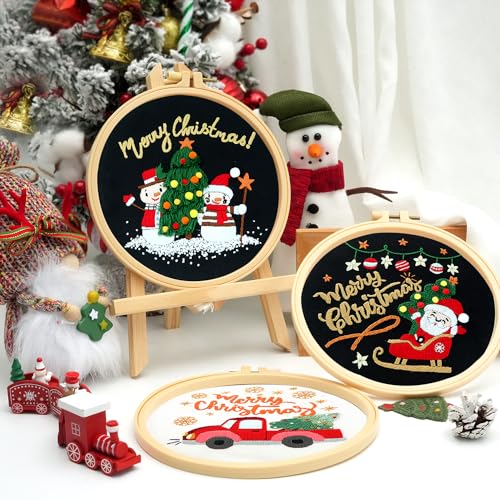 3 Sets Christmas Embroidery Starter Kit with Pattern for Beginners, Embroidery Kits with Christmas Pattern, Cross Stitch Set with Plastic Embroidery Hoops, Color Threads, Tools and Instructions - color: Xmas Black White