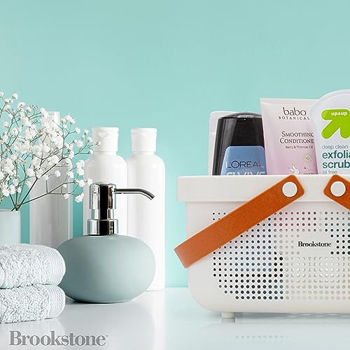 Brookstone Modern Large Portable Shower Caddy with Soft Silicone Carrying Handle, Bathroom Organizer Basket, Plastic Bath Tote and Shower Organizer, Quick Dry Drainage Holes, BPA Free, White - color: White / Cream