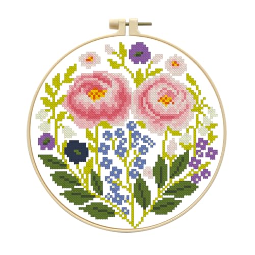 Zhenqing Pink Floral Cross Stitch Kit for Beginners - 11CT 24x24cm Pre-Printed Pattern with Embroidery Hoop, Threads & Tools(70521) - color: Pink Floral