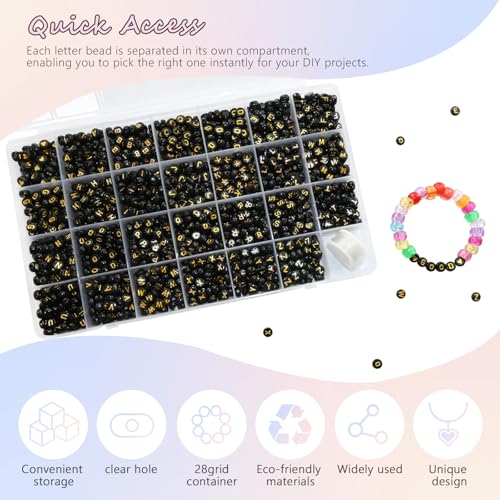 Looconi 1400pcs 4x7mm Black Letter Beads Round Acrylic with Gold Alphabet A-Z Heart Pattern Beads and Crystal Line for Jewelry Making (Black&Gold) - color: Black&Gold, size: 7x4mm