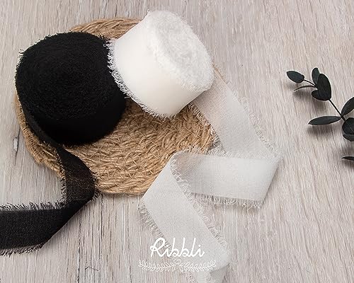 Ribbli Black Ribbon 1 Inch x 3 Rolls Total 24 Yards Handmade Fringe Chiffon Silk Ribbon for Wrapping Wedding Invitations Bridal Bouquets DIY Crafts Home Decor - color: Black
