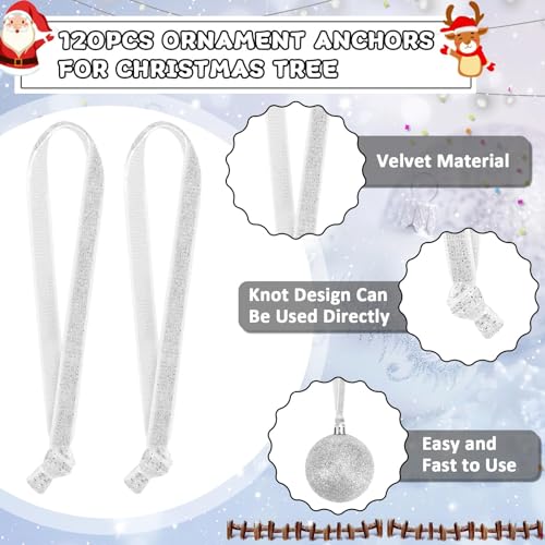 JUNEBRUSHS 120Pcs Silver Velvet Christmas Ornament Ribbon Hangers, Hand Tied Christmas String Ribbon Loops for Ornament Hanging Tree Hanging Decorations - color: Silver
