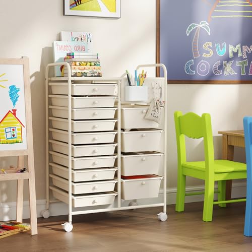 Giantex 14 Drawer Storage Cart, Rolling Craft Cart with Metal Tabletop & Pegboard, Mobile Utility Organizer Trolley with Locking Wheels, Home Office, Ivory - color: Ivory, size: 14 Drawer-25"x14.5"x34.5"