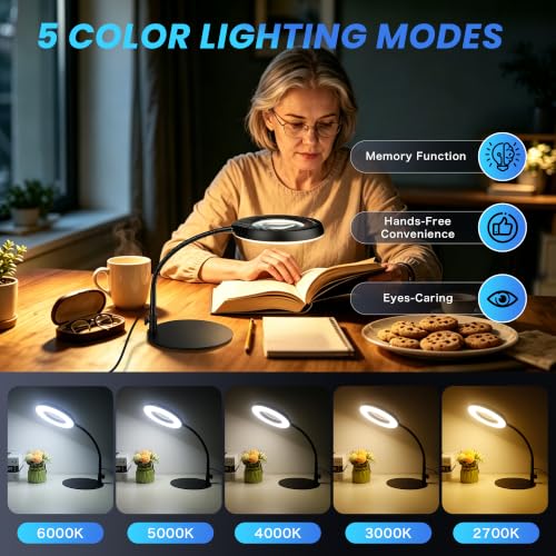 Akynite 12X Magnifying Glass with Light and Stand,5 Color 9 Levels Dimmable