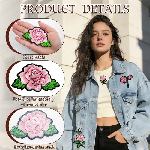 25PCS Pink Rose Iron on Patches, Embroidered Floral Applique Patches for Jackets, Jeans, Hats, Backpacks and Tote Bags - color: pink