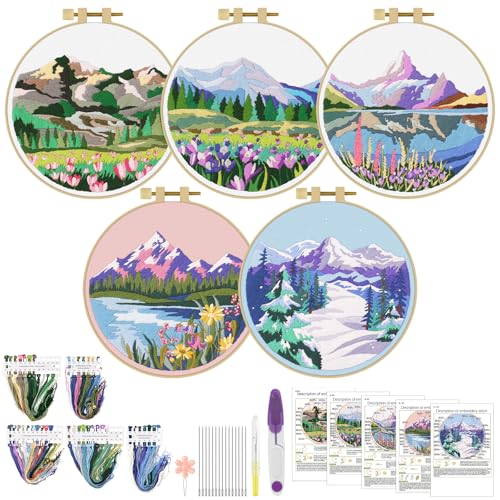 ERKOON Embroidery Kit for Beginners, 5 Sets Flower Cross Stitch Set for Adults Include Embroidery Cloth Hoops Threads for Craft Lover Hand Stitch with Skill Techniques (Landscape) - color: Landscapes