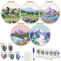 ERKOON Embroidery Kit for Beginners, 5 Sets Flower Cross Stitch Set for Adults Include Embroidery Cloth Hoops Threads for Craft Lover Hand Stitch with Skill Techniques (Landscape) - color: Landscapes