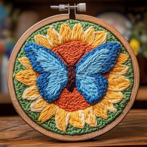 DIY Punch Needle Kits Butterfly on Sunflower with Hoop 20x20cm-1 - color: 08-Butterfly