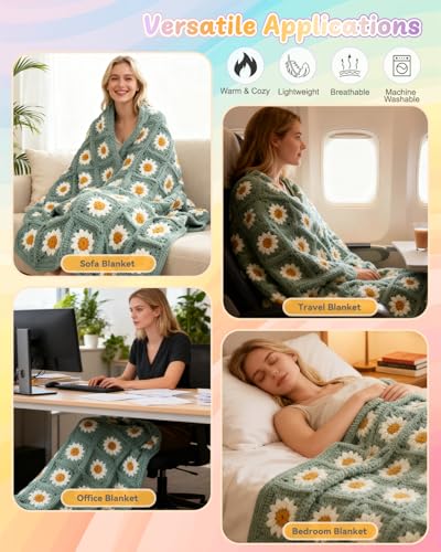Coopay Crochet Kit for Beginners, Easy Granny Square Crochet Blanket Kit - color: Green - Daisy