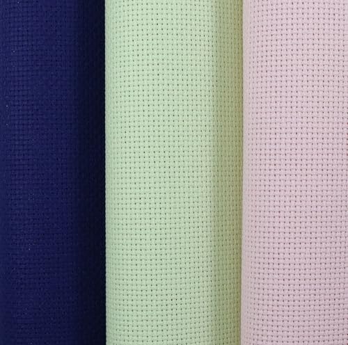KCS 3 pc of 15" x 18"(38cmx45cm) Counted Cross Stitch Cotton Aida Cloth Needlework Rolled Fabric Box,14CT,Royal Blue+Light Green+Pink - color: Royal Blue+light Green+pink, size: 14CT