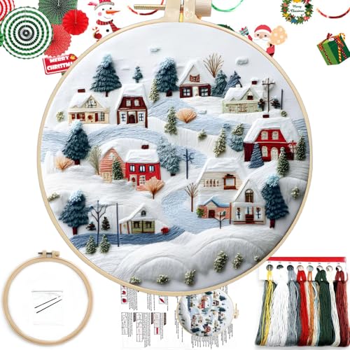 FONNUY Crewel Christmas Embroidery Kit for Beginners, Cross Stitch Set Winter Snow Scene Pine Owl Pattern for Adults, Easy to Follow Color Thread Needlework, 8'' Hoop (Snow Village) - style: Snow Village