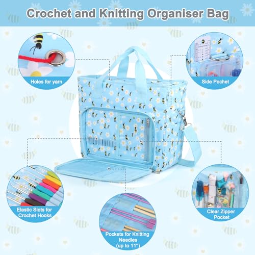 Aeelike Yarn Storage Bag Organizer, Large Crochet Tote Bag, Blue Flower - color: Blue Floral