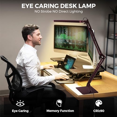 SKYLEO LED Desk Lamp with Slim Base - Adjustable Swing Arm Desk Light, Dimmable, Timer, Eye Protection, Memory Function, 1300LM, 12W, Red - style: Red swing arm with Base