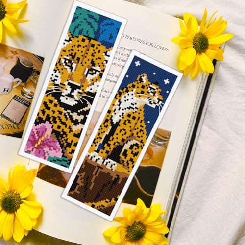 INFUNLY 6PCS/Set Cheetah Cross Stitch Bookmark Kit 2.99x8.54 Wild Leopard Handmade Cross Stitch Bookmarks DIY Embroidery Bookmarks for Readers with Instruction for Starter Adults Book Lovers - style: Cheetah