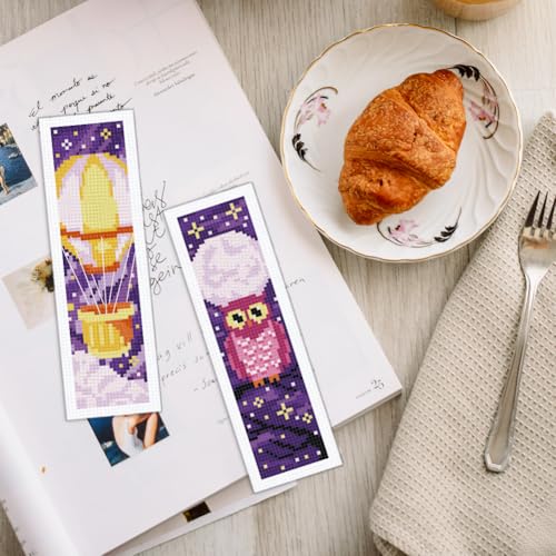 INFUNLY 6pcs Purple DIY Cross Stitch Bookmark Kits 2.4''x7.9'' Owls Stamped Embroidery Bookmark Kit with Instruction Hot Air Balloon Embroidery Bookmark Set with Pre-Printed Pattern for Book Lovers - style: Purple Universe