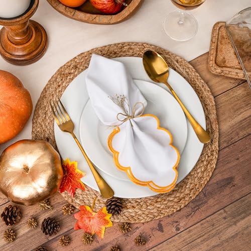 Blue Needles Cotton Scalloped Embroidery Cloth Napkins 17X17Inch - Set of 4 - color: White(edges - Golden Yellow)