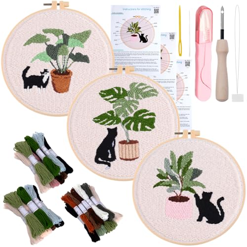 Punch Needle Kit for Adults Beginners - 3 Sets DIY Embroidery Starter Kit - color: 04-cats