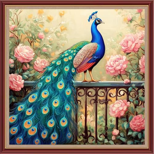 Dooxvey Cross Stitch Kits for Adults Beginners,Full Range of Cross-Stitch Stamped Kits Needlepoint Kits for Beginners Embroidery Kits 11CT Cross Stitch Patterns-Flower Blue Peacock 18x18 inch - color: Magicolor10