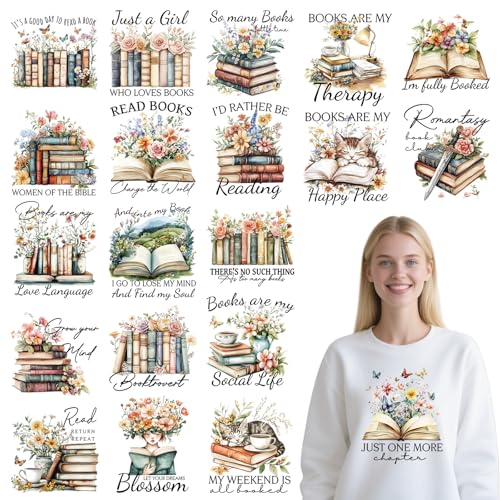 Book Lovers Iron on Transfers for Tshirts- 20Pcs Falueqg Dtf Transfers Ready to Press, Reading Book Iron on Decals Patches, Vintage Bookish Bookworms Sublimation Stickers for Tshirts Clothes Bags - color: Book Lovers897