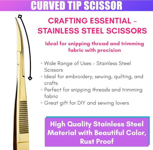 Cross Edge Curved Spring Scissors 5 Inch Stainless Steel Precision Eyebrow & Eyelash Shaping & Trimming Scissor, Snips Squeeze, Embroidery, Knitting Micro Tip Craft Scissors (Gold) - color: Cec-ss-26
