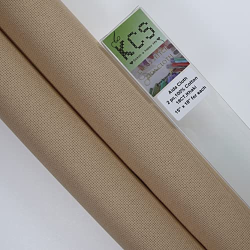 KCS 2 pc of 15" x 18" Counted Cross Stitch Cotton Aida Cloth Needlework Fabric (Khaki, 18CT) - color: Khaki, size: 18CT