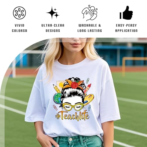 Dazoratix Teacher's Day Transfer Stickers - 12 Sheets Teachers Iron on Transfers Ready to Press Heat Patches Vinyl DTF Decals for T Shirts Clothes DIY Crafts Clothing Bag Appliques Pillow Decorations - style: Teacher-Cute