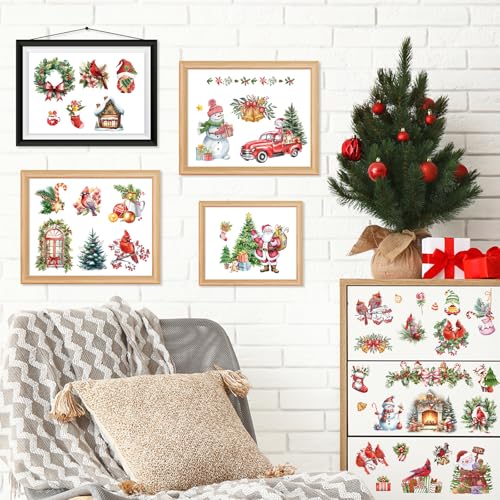 Christmas Rub on Transfers for Crafts - 12 Sheets Xmas Cardinals Rub on Transfers for Furniture Winter Santa Snowman Flower Rub on Transfer Stickers Decal for Wood DIY Craft Office Home Decor - style: Christmas