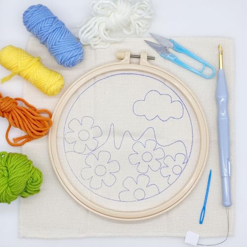 Allazone 3 Set Punch Needle Embroidery Starter Kits, DIY Craft Punch Needle Kits with Flower Pattern, Plastic Hoop, Yarn, Embroidery Handle Needle Pen and Instruction - color: Yellow flowers