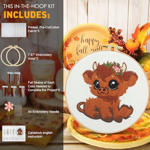 Kuabiz 5 Sets Highland Cow Embroidery Kits for Beginners Cross Stitch Kit for Adults Highland Cow Pattern Embroidery Starter Kit Embroiderys Hoop Needlepoint Kits with Instruction Needles Threads - style: Highland Cow