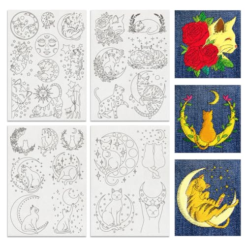 BENECREAT 4Sheets 27Pcs Moon Cat Water Soluble Embroidery, 11.7x8.3inch Stars and Flower Cat Stick and Stitch Embroidery Paper Stabilizer for Shirts, Coats, Bags - style: Moon Cat