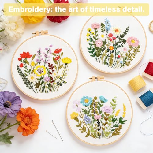 RidaaFri Embroidery Kit for Beginners, Set of 3 Flower Pattern Practice Kit