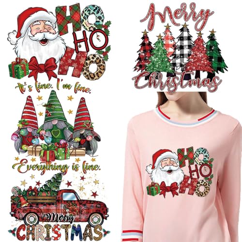 4 Packs Santa Claus Iron on Transfers Stickers Christmas Heat Transfer Vinyl Iron on Patches Christmas Tree Dwarf Car HoHoHo Design Iron on Decals for Clothes Pillow Hoodie DIY Crafts Supplies - color: N