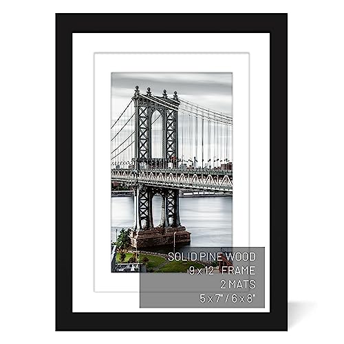 9x12 Picture Frames Solid Wood Display Pictures 6x8 or 5x7 with Mat or 9x12 Frame without Mat Poster Photo Frame Art with 2 Mats for Wall Mounting or Table Top(Black) - color: Black, size: 9x12 inch