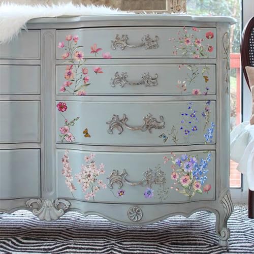 Vintage Floral Rub on Transfer for Furniture Large Flower UV DTF Transfer Sticker for Wood Glass Home Decor, Summer Wild Flowers Butterfly - style: Summer Wild Flowers Butterfly