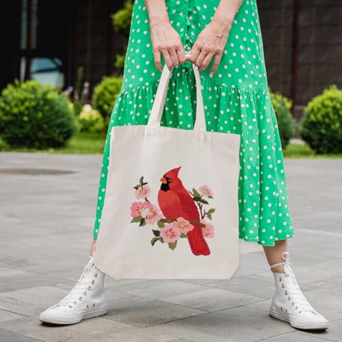Louise Maelys Cardinal Embroidery Kit for Beginners Canvas Tote Bag - color: Cardinal