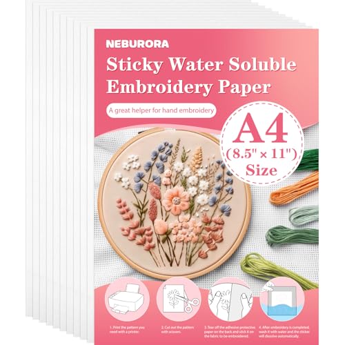 NEBURORA Printable Water Soluble Stabilizer for Embroidery 5 Pcs 8.2"x 11.6" Sticky Embroidery Paper Wash Away Embroidery Dissolvable Backing for Hand or Machine Sewing Supplies
