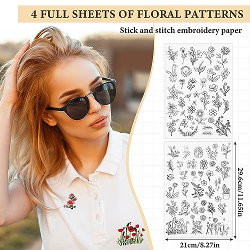 Lyrow 122 Pcs Water Soluble Stabilizer for Flower Pattern Stick and Stitch Embroidery Paper Wash Away Embroidery Stabilizers Tear Away Patterns for Hand Sewing Lover