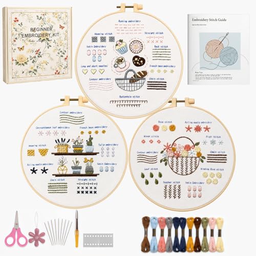 Ruyitycy Embroidery Kit for Beginners and Adults, Learn 21 Stitches with Video Tutorials, All-in-One Hand Embroidery Starter Set with Patterns, Hoop, Threads and Tools