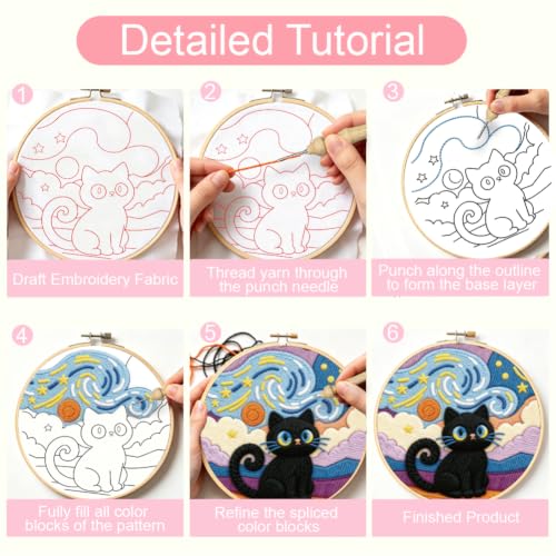 BEUNITONE 2 Pcs Cat & Starry Sky Punch Needle Kits for Adults Beginner - color: 02-Cat and Sky