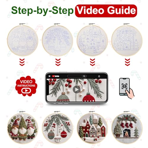 Santune Christmas Embroidery kit,Fall Needlepoint Cross Stitch Kits for Beginners Adult,Needle Point Sets,4 Embroidery,2 Hoops,Christmas Ornaments - color: Christmas x4